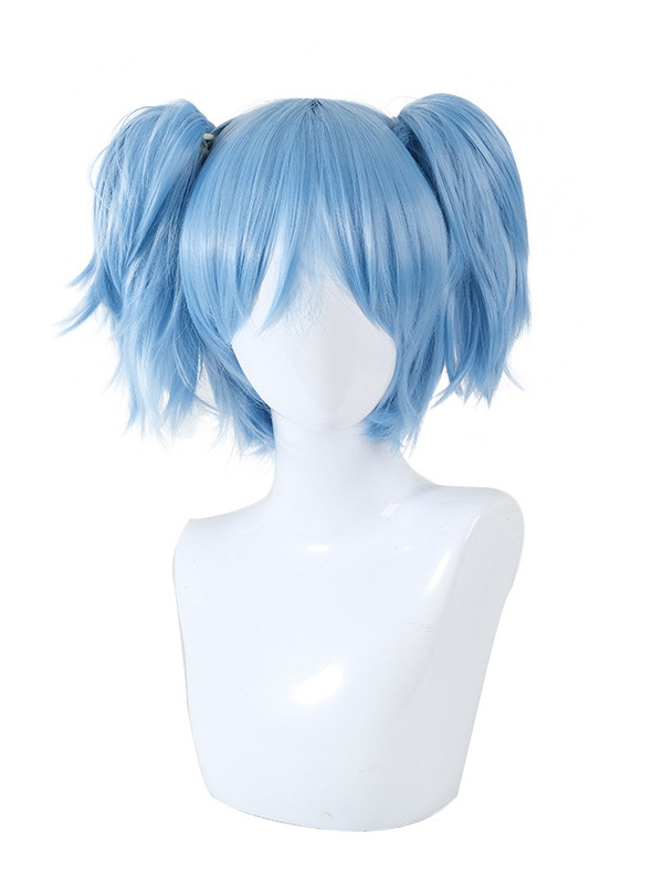 Light Bleu Courte Tout Droit Capless Cosplay Perruques Avec le poney And 2 Ponytails