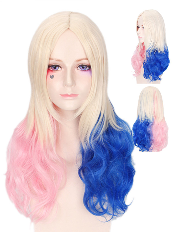 Moyennescheitel Longue Pink Bleu Farbe Loose Ondulée Cosplay Capless Perruques