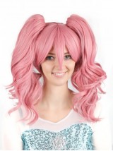 Longue Pink Dual Horsetail Ondulée Capless Cosplay Perruques Avec le poney