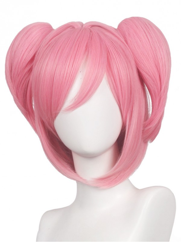 Moyenne Pink Dual Horsetail Tout Droit Capless Cosplay Perruques Avec le poney