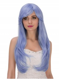 Bleu Longue Ondulée Cosplay Capless Perruques Avec le poney