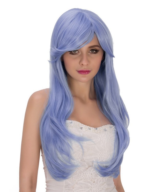 Bleu Longue Ondulée Cosplay Capless Perruques Avec le poney