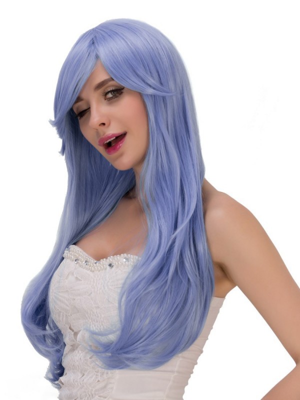 Bleu Longue Ondulée Cosplay Capless Perruques Avec le poney