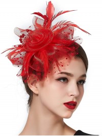 Rouge Femmes Tea Party Bandeau Kentucky Derby Mariage Cocktail Fleur Maille Plumes Pince À Cheveux